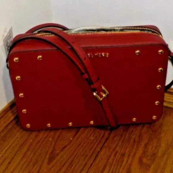 Michael Kors Sandrine Stud LG Crossbody Saffiano Leather DK Sangria New - Picture 5 of 5